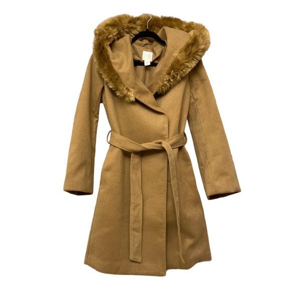 H&M Jackets & Blazers - H&M Tan Belted Coat with Faux Fur Hood